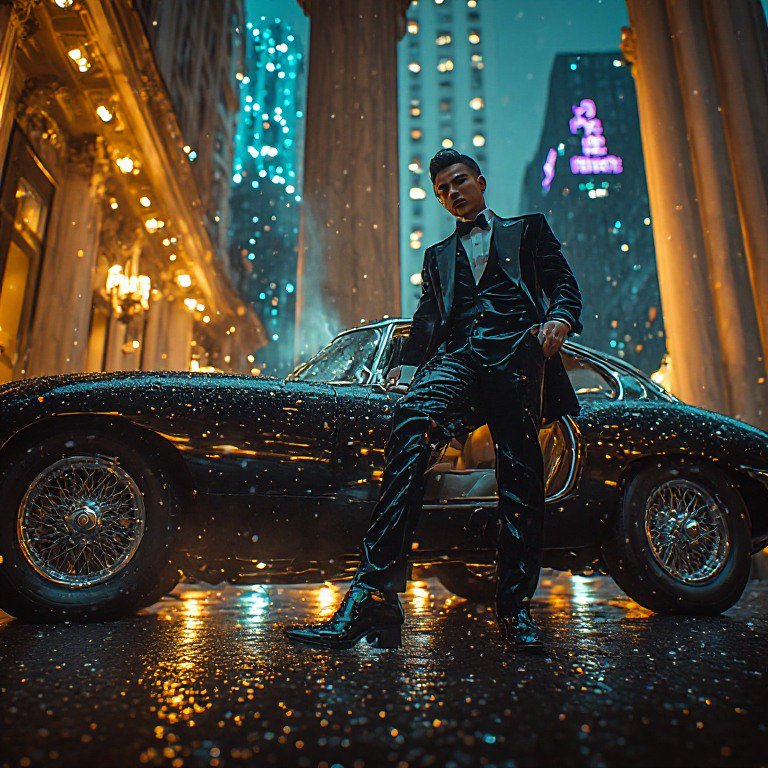 [Stylish man in a formal black tuxedo leans on a glossy vintage sports car on a rainy neon-lit downtown city street]
