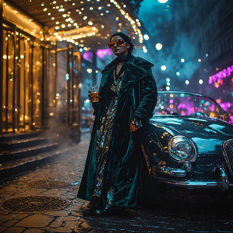 [Stylish person in emerald velvet coat leans on vintage convertible outside lit theater on misty neon city night]