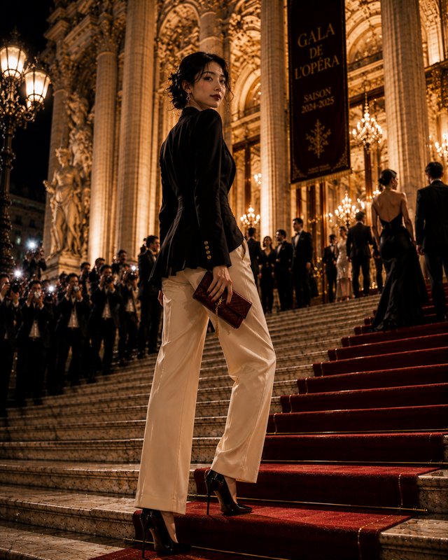 Elegant woman in formal evening wear poses on red carpeted opera house stairs as paparazzi photog...