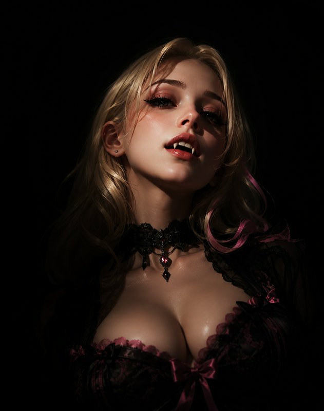 Close up moody portrait of a blonde vampire woman with fangs, lit by dramatic low-key lighting ag...