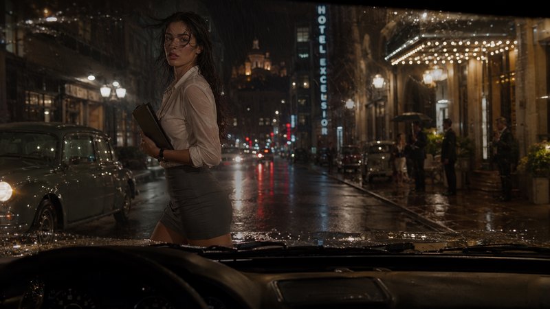 View from inside a car of a rain-damp woman holding a folder standing on a wet vintage city street outside Hotel Excelsior...