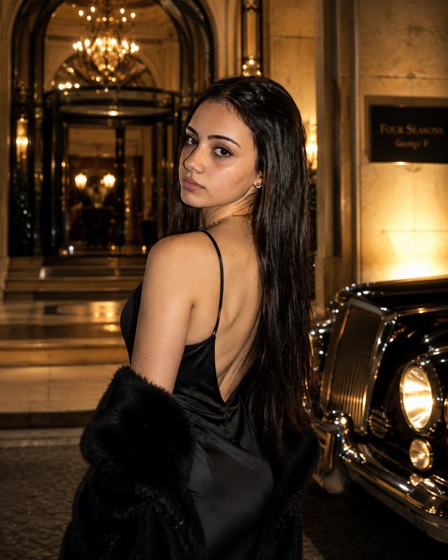Young woman in backless black gown looks over her shoulder outside a grand luxury hotel beside a ...