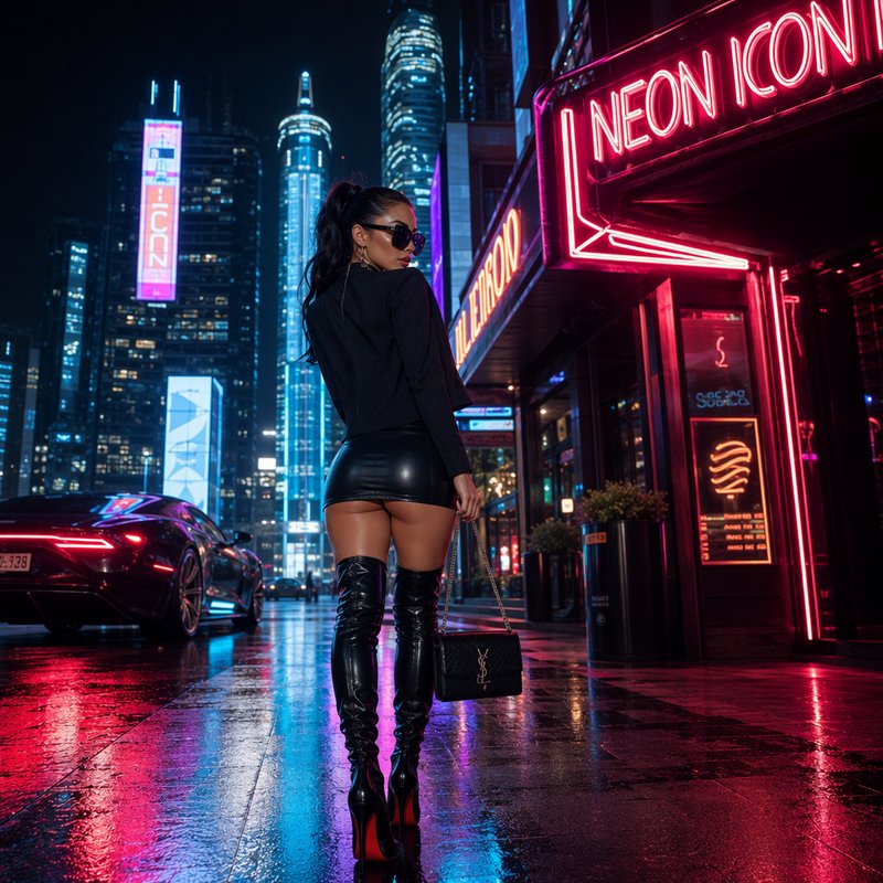 Glamorous woman in black leather stands on wet neon-lit downtown city street at night beside a lu...