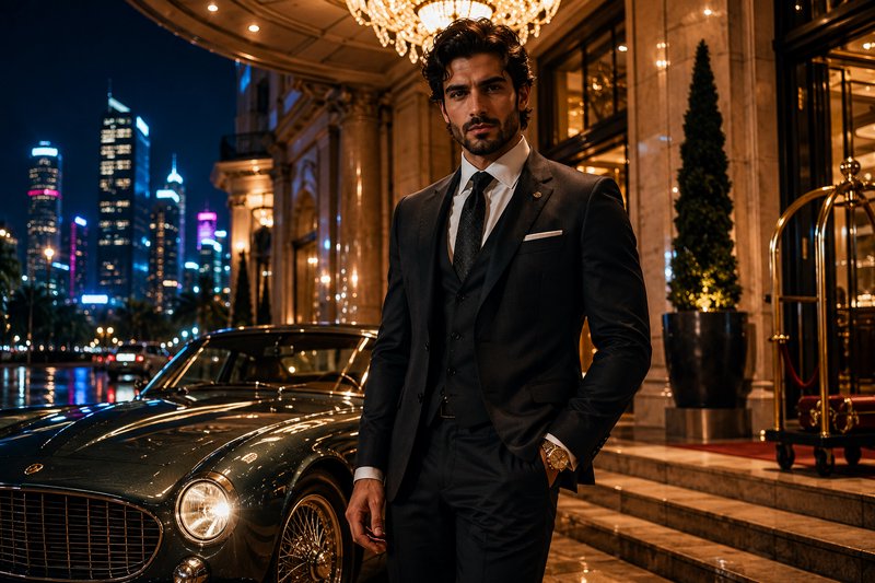 Elegant gentleman in tailored black suit stands outside a luxury hotel next to a vintage car at n...