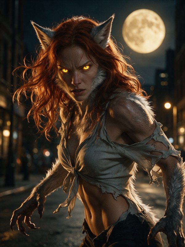 [Fierce red-haired female werewolf with glowing yellow eyes stands under full moon on a night city street]