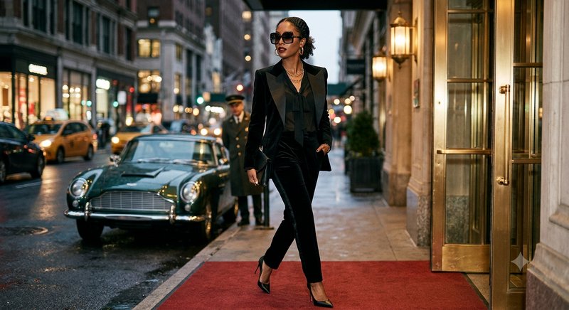 Elegant woman in a black velvet suit walks a red carpet outside a luxury NYC hotel next to a vint...