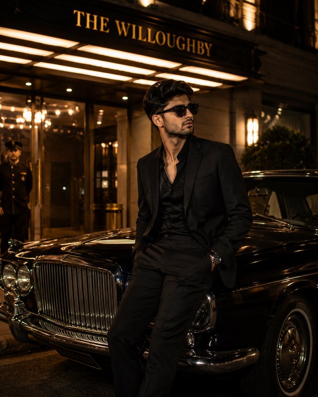 Stylish man in black suit and sunglasses leaning on vintage luxury car outside The Willoughby hot...