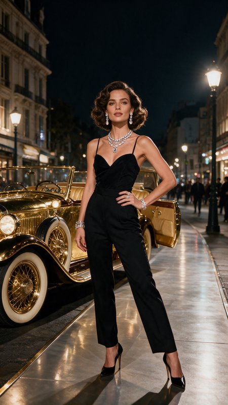 Glamorous 1920s style woman in a black jumpsuit poses beside a golden vintage convertible on a li...