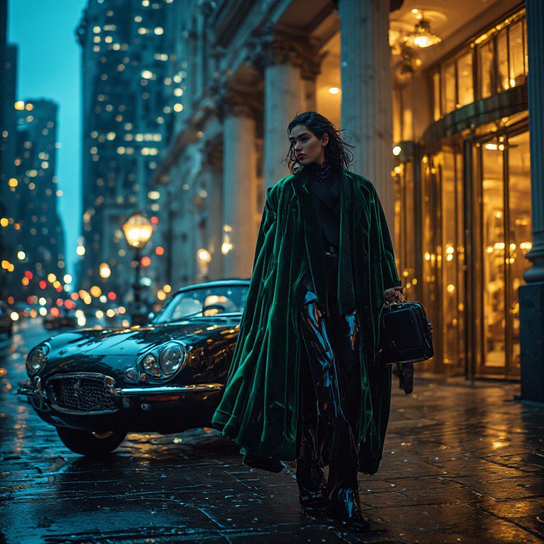 Stylish woman in long emerald velvet coat stands on wet twilight city street next to a vintage black sports car