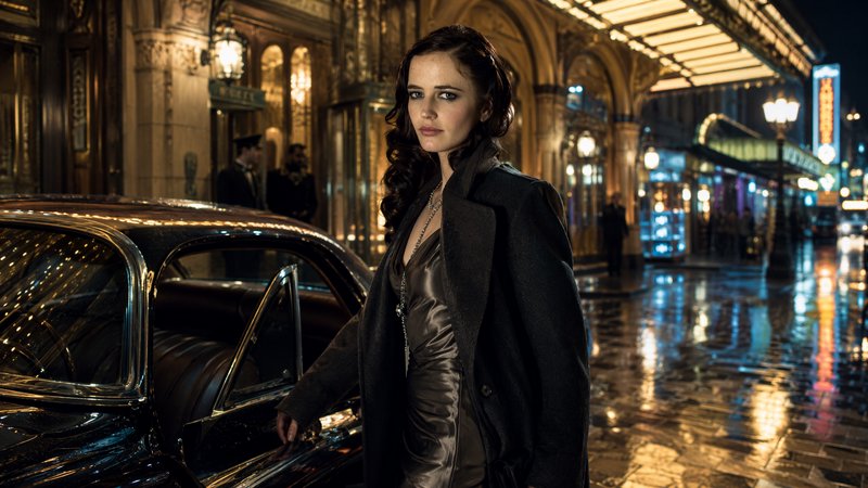 Elegant retro femme fatale stands beside a vintage car outside an ornate lit theater on a wet rainy city night.