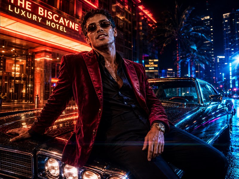 Stylish man in a red velvet blazer leans on a classic luxury car outside a neon-lit city hotel on...