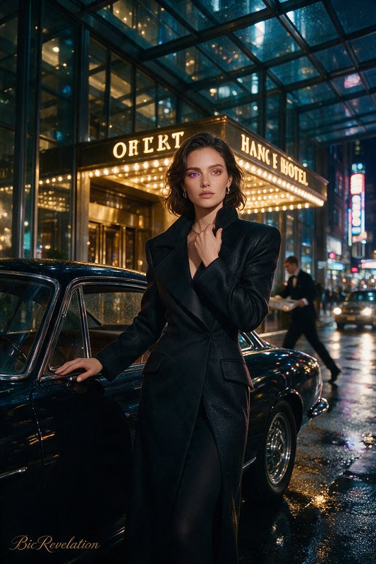 Elegant woman in a long black coat stands beside a vintage car outside a lit luxury hotel on a ra...
