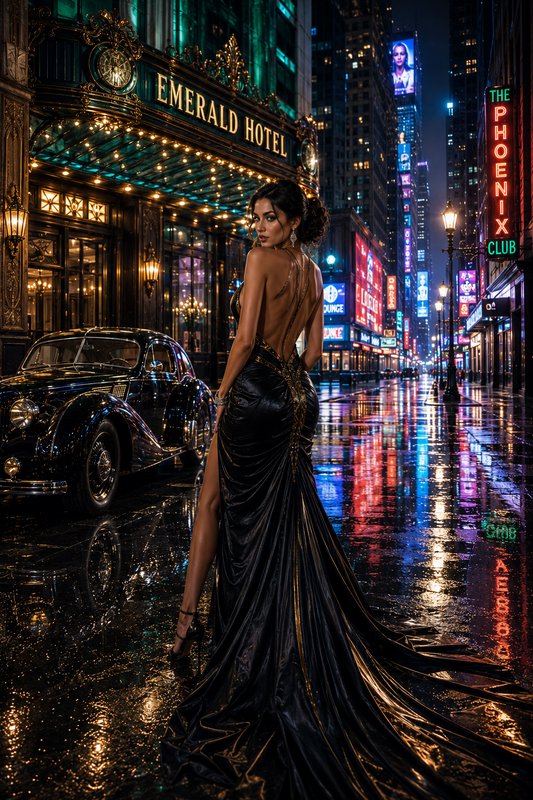 Glamorous woman in backless black evening gown stands on wet neon-lit city street outside Emerald...