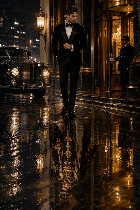 Elegant man in black tuxedo outside luxury hotel, rain puddle reflects him as a crowned royal, vi...
