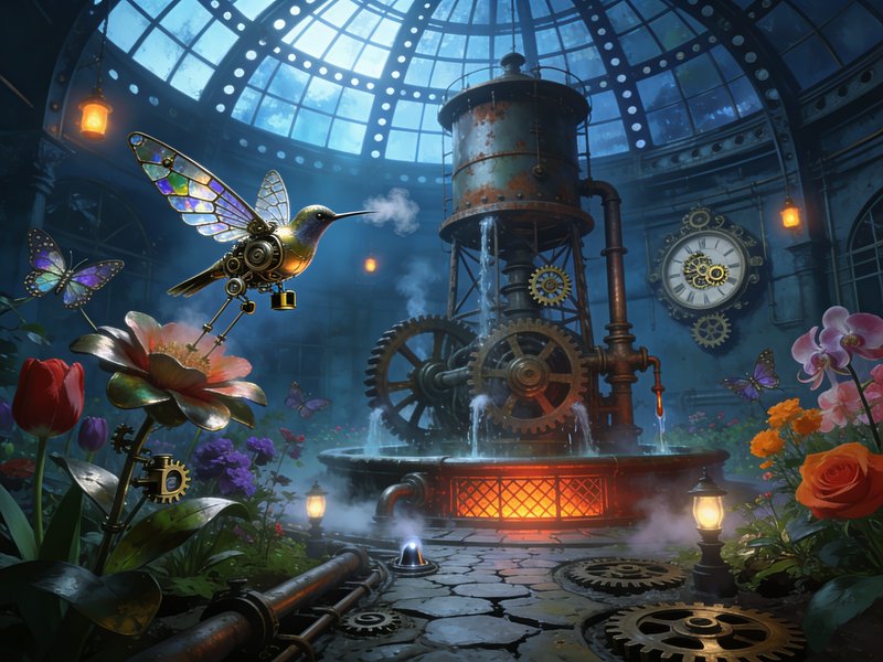 Steampunk mechanical hummingbird hovers above a gear-driven fountain inside a domed Victorian gla...