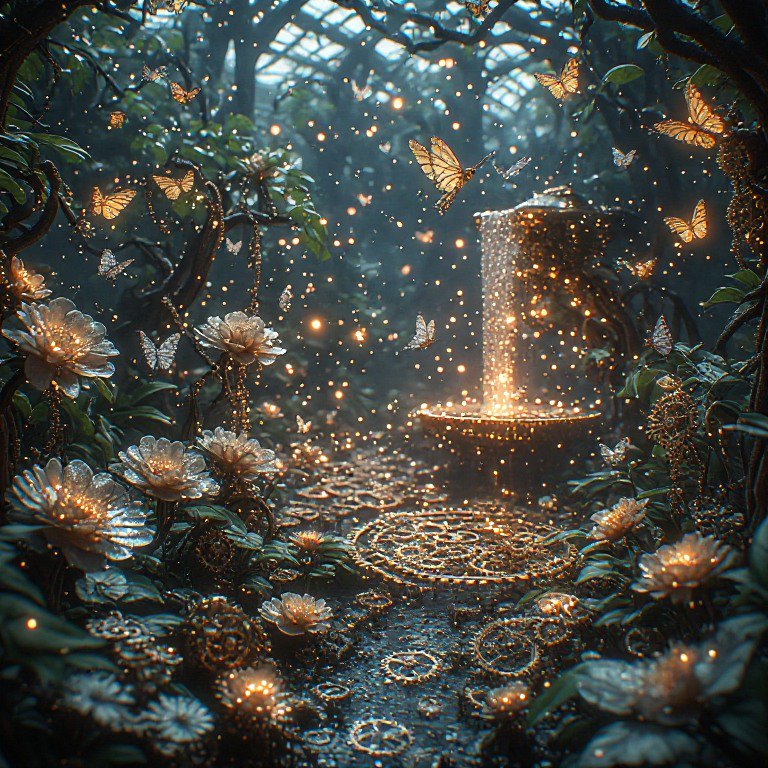 Enchanted steampunk greenhouse scene with glowing golden butterflies, crystal flowers, sparkling ...