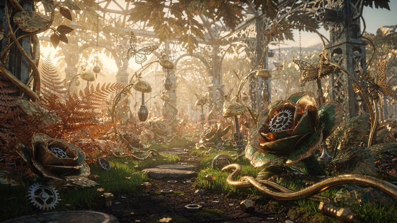 Sunlit steampunk conservatory garden lined with mechanical metal flowers, brass butterflies, and ...