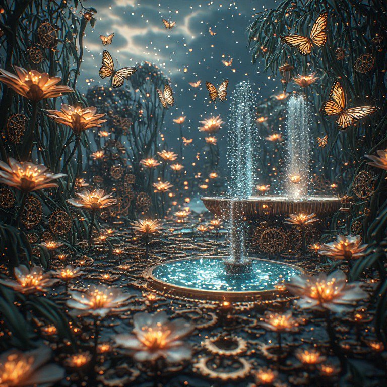 Steampunk enchanted garden with glowing lotuses, golden butterflies, sparkling tiered fountain un...