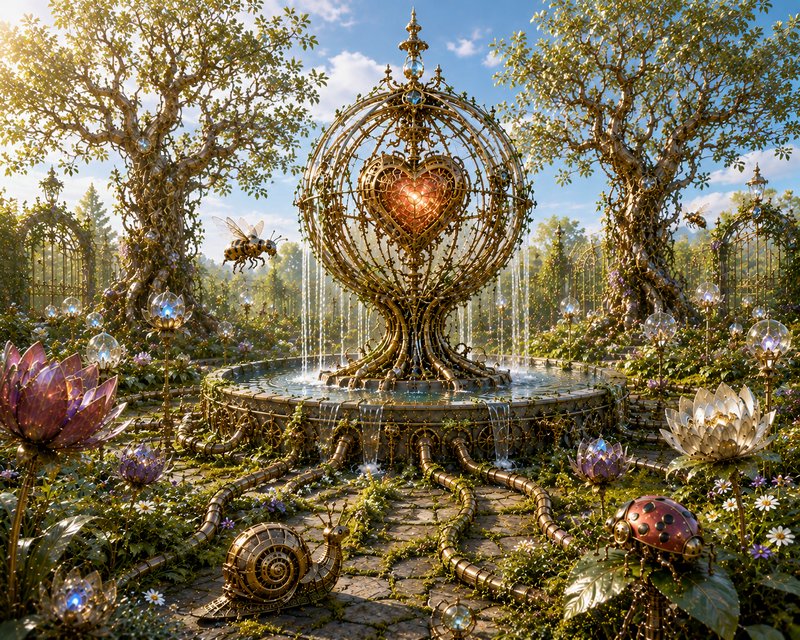 Ornate steampunk enchanted garden with glowing golden heart fountain, mechanical creatures, and m...