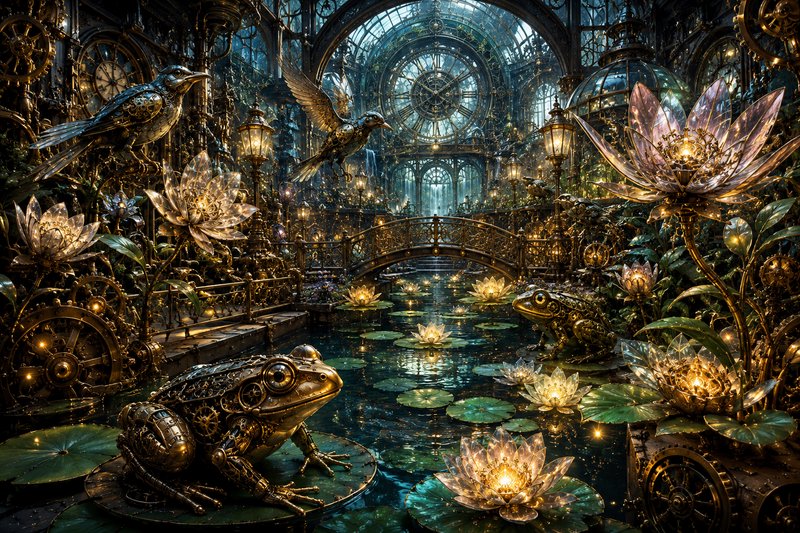 Intricate steampunk glass conservatory with mechanical brass wildlife, glowing crystal lotuses, a...