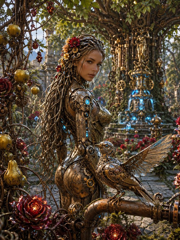 Steampunk cyborg woman with mechanical bird stands in an intricate clockwork fantasy garden.