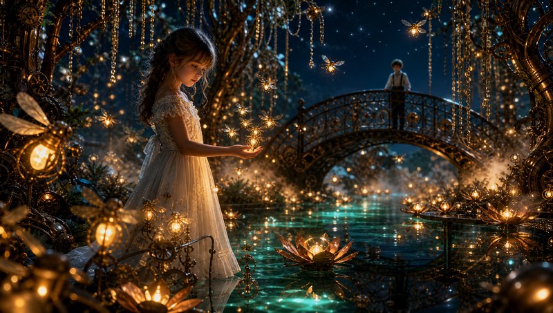 Young girl in lace gown holds glowing mechanical fireflies in a steampunk fantasy starlit lagoon,...