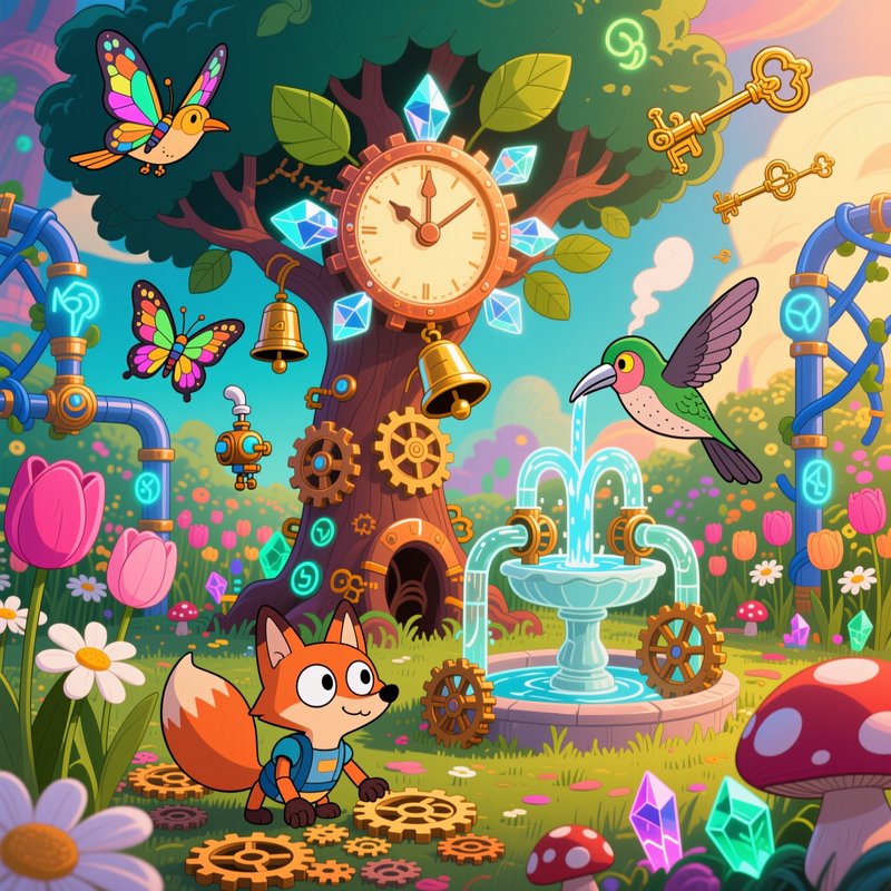 Cute cartoon mechanic fox explores a whimsical steampunk fantasy garden with a giant clock tree, ...