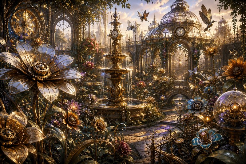 Ornate steampunk fantasy garden with mechanical metal flowers, golden clock fountain, glass domed...