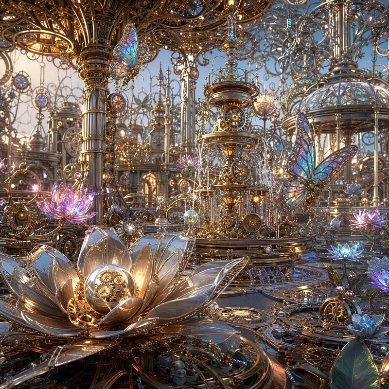 Intricate steampunk mechanical garden with golden gears, crystal butterflies, glowing metal lotus...