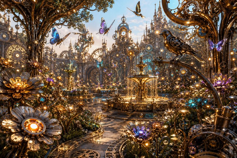 Ornate steampunk mechanical garden with glowing metal flora, clockwork creatures, golden fountain...