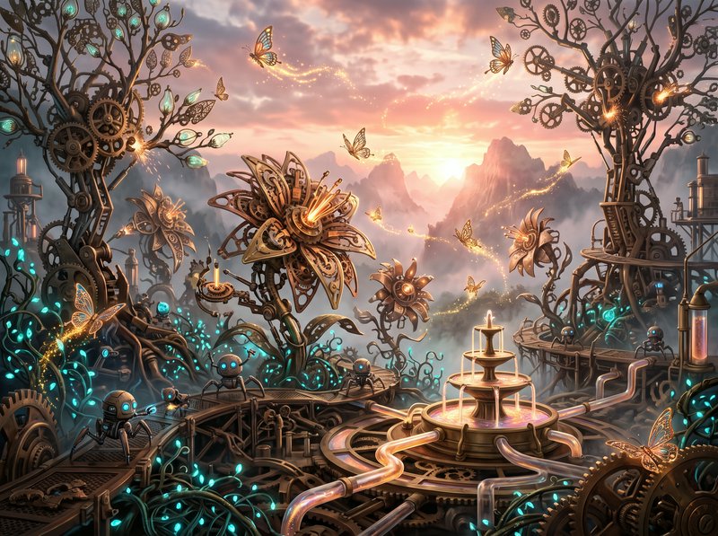 Steampunk fantasy mechanical garden with gear trees, brass flowers, glowing butterflies, tiny rob...