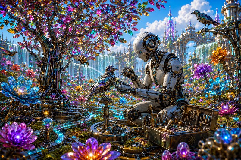 White steampunk humanoid robot repairs a mechanical bird in a vibrant crystalline fantasy garden