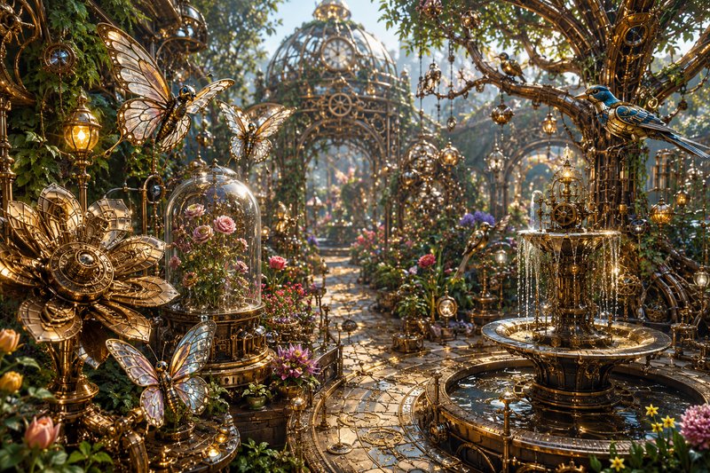 Sunlit ornate steampunk fantasy garden with brass mechanical creatures, gilded fountain, glass do...