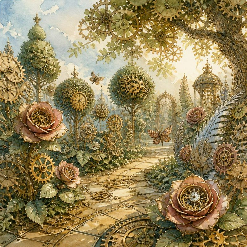 Watercolor illustration of a whimsical steampunk garden with brass gear foliage, mechanical roses...