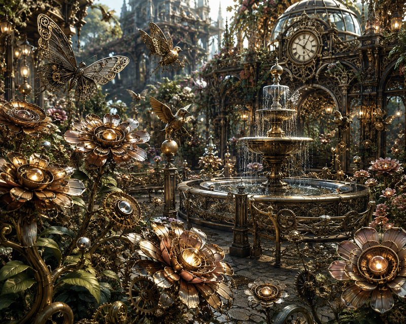 Ornate steampunk fantasy garden with mechanical brass flowers, clockwork butterflies, gilded foun...