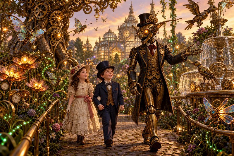 Steampunk fantasy garden scene: Victorian children walk alongside an ornate brass robot guide at ...