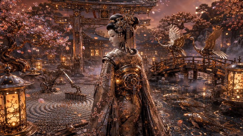 Steampunk robotic geisha stands in an ornate mechanical Japanese garden at golden dusk, with meta...