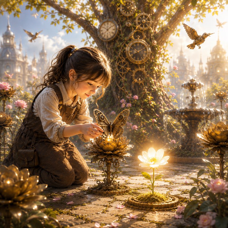A young girl kneels adjusting a brass mechanical butterfly in a sunlit whimsical steampunk fantas...