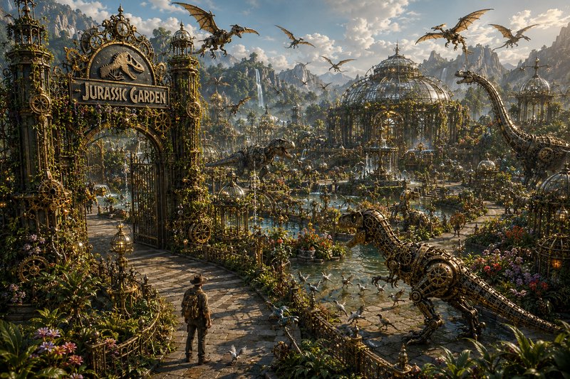 Ornate steampunk Jurassic Garden entrance with mechanical dinosaurs, a lone explorer, flying pter...