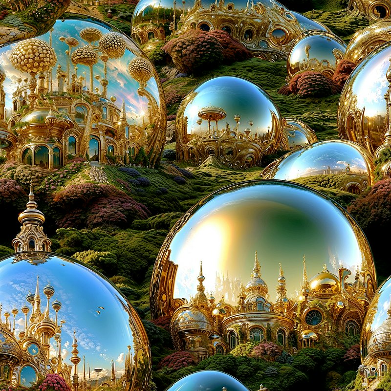 Surreal fantasy landscape of reflective chrome orbs holding ornate gilded palaces on lush mossy r...