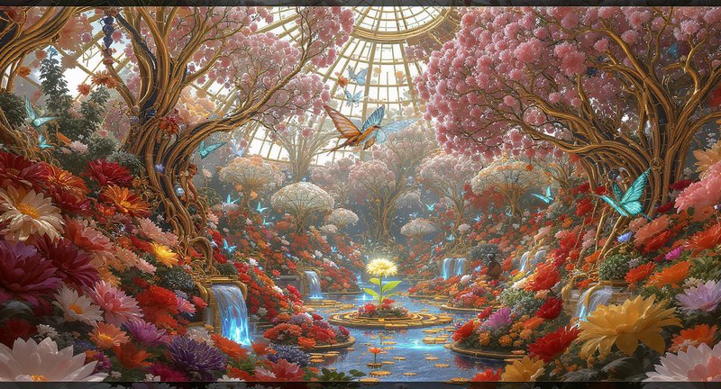 Ornate glass dome fantasy conservatory with gilded cherry blossom trees, glowing waterfalls, butt...