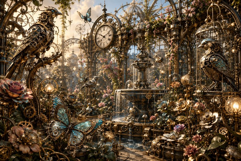 Intricate sunlit steampunk conservatory with mechanical brass birds, gilded clock fountain, gearw...