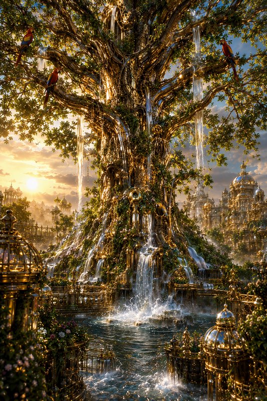 Ornate gilded magical world tree with cascading waterfalls, scarlet macaws, and golden fantasy pa...