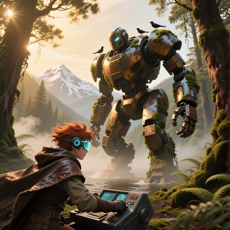 Red-haired anime teen with glowing tech goggles operates a console to interface with a mossy gian...