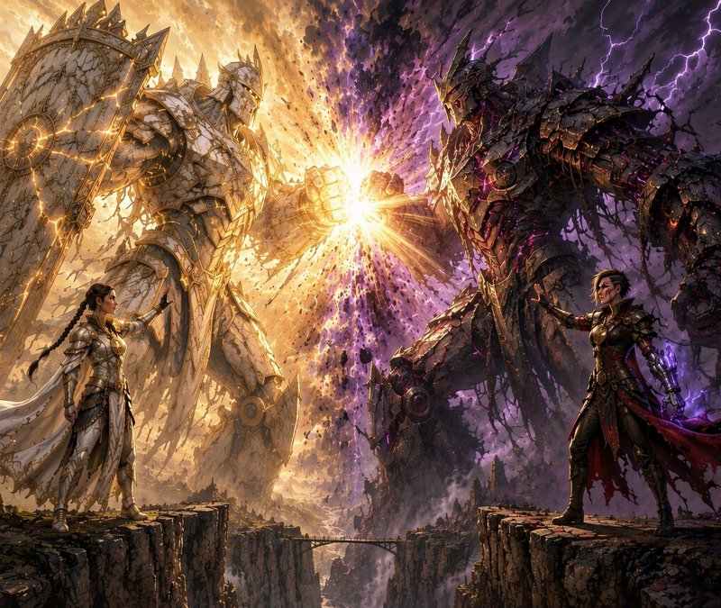 Epic fantasy battle: light and dark armored titans clash fists, flanked by opposing warrior leade...