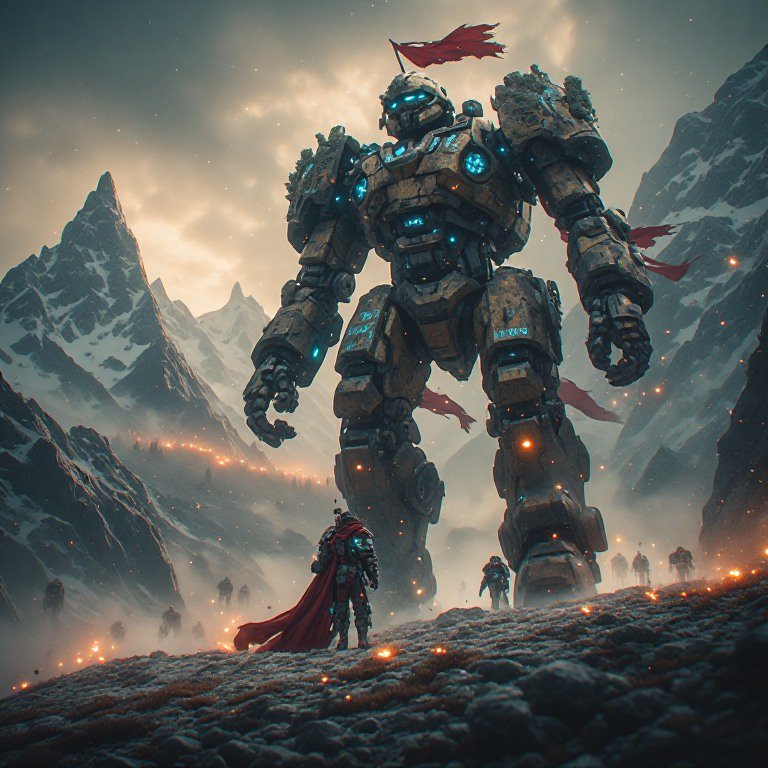 A towering weathered battle mech with glowing blue lights and tattered red flags looms over an ar...