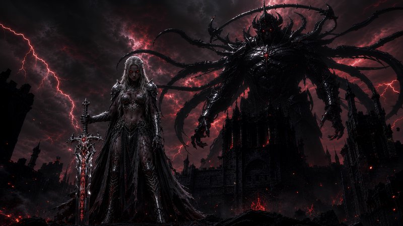 Glowing red-eyed dark elven warrior holding a cursed greatsword stands beside a massive tentacled...