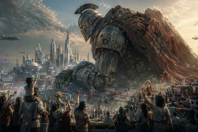 Jubilant crowd gathers beside a massive weathered fallen robotic titan overlooking a futuristic c...