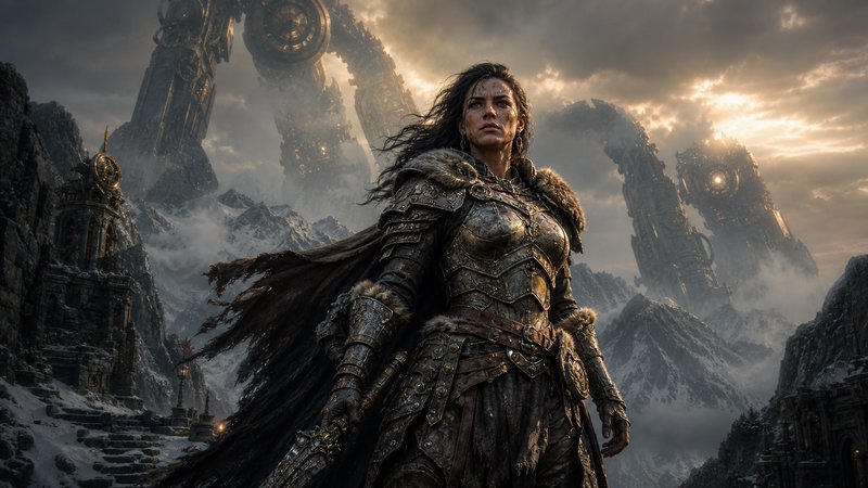 Fierce armored female fantasy warrior stands before giant steampunk clock towers in a misty snowy...