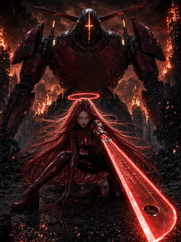 Crouched armored cyberpunk warrior with glowing red blade stands guard before a giant mech in a b...